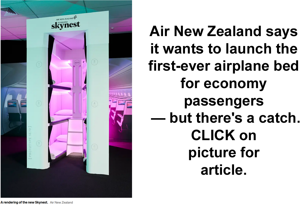 Air New Zealand says it wants to launch the first-ever airplane bed for economy
passengers - but theres a catch. CLICK on picture for article.