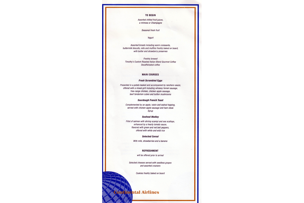 Business Class menu